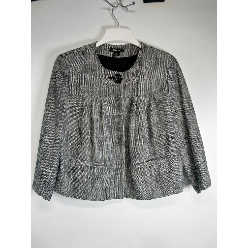 Style & Co. Woman Blazer Cropped Swing Jacket Sz 8 3/4 Sleeves Black/White Tweed